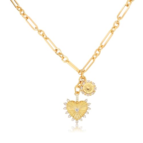 Chunky Gold Heart Necklaces for Women 18K Gold Plated Charm Necklace Sun Pendant Chain Jewelry.