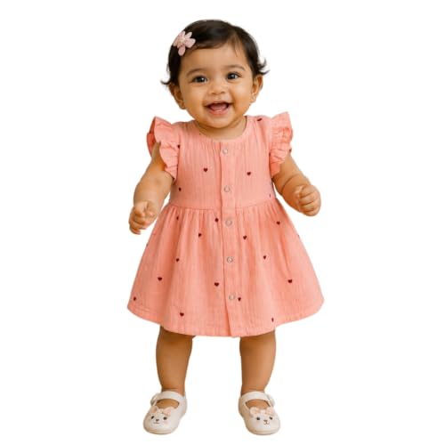 Image of Lilimi Toddler Baby Girl Cotton Muslin Dress, Breathable Flutter Sleeve Button-Front Cute Frocks