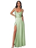 POMUYOO Long Sage Green Bridesmaid Dresses with Slit Spaghetti Straps Satin Floor Length Formal Gowns for Women A-Line Size 12