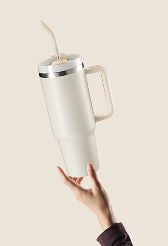 Image of KooK Tumbler with Straw and Handle, 40 Oz, Stainless Steel, Vacuum Insulated Travel Coffee Mug, Reusable Double Walled Water Bottle, Keeps Hot or Cold (Antique White)
