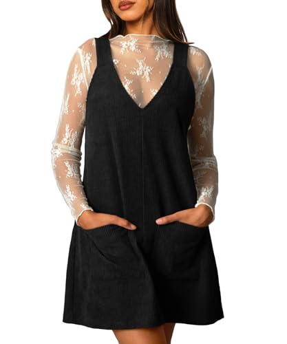 Navneet Corduroy Overall Dress for Women V Neck Sleeveless Pinafore Jumper Mini Dress with Pockets Black M