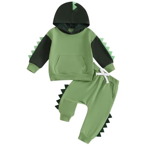 Kodaruber Toddler Baby Boy Dinosaur Outfit Long Sleeve Hoodie Sweatshirt Elastic Waist Pants Set Fall Winter Clothes(Green,12-18 Months) Cover
