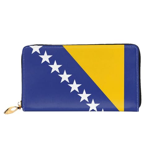 Leather Women Wallets, Long Credit Card Holder, Flag of Bosnia and Herzegovina Print Billfold Clutch & Travel Purse Large Capacity