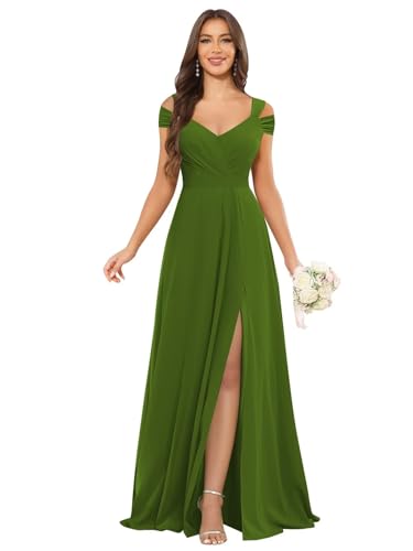Image of petyoo Off Shoulder Chiffon Bridesmaid Dresses with Slit Long Formal Evening Dress