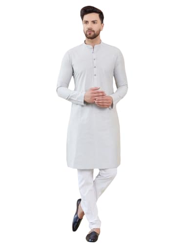 Image of See Designs Men Full Sleeve Sleeve Side Slit Mandarin Collar Cotton Solid Straight Kurta with Pyjama