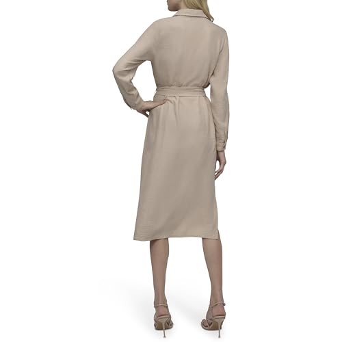 Image of DKNY Women's Long Sleeve Collared Tie Waist Midi Shirtdress