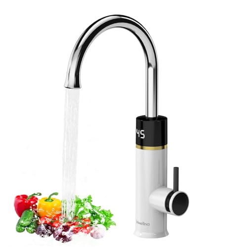 Briwellna Instant Electric Hot Water Faucet, 220V Tankless Electric Water Heater Tap, Instant Heating Kitchen Tap with Digital Display (White)