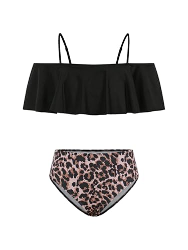 Girl's 2 Piece Swimsuit Cold Shoulder Ruffle Bikini Set Leopard Bathing Suit