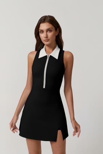 Image of QINSEN Womens Zip Front Tennis Dress Polo Collar Racer Back Workout Golf Dresses Build in Shorts with Pockets
