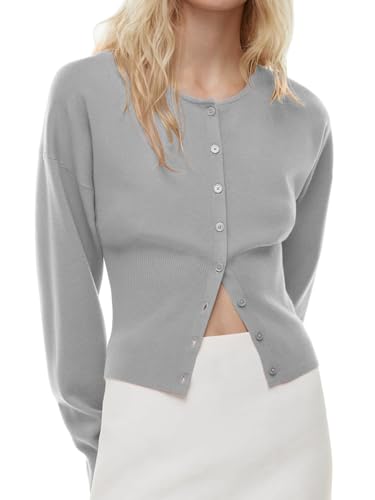Womens Casual Cropped Sweaters Button Down V Neck Long Sleeve Pullover Fall Solid Ribbed Knit Slim Fit Cardigan Grey