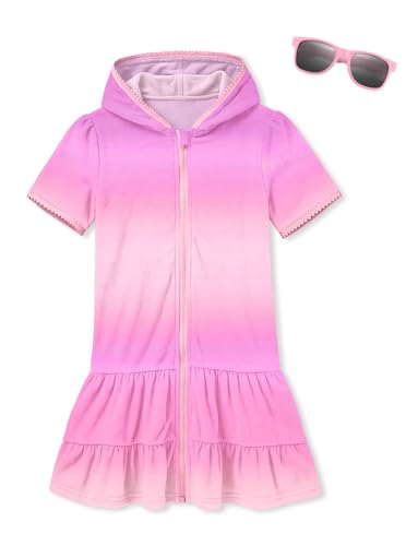 Image of BesserBay Kids Summer Zip-up Terry with Hood Towel Dress with Pockets Tiered Loose Fit Pink Quickly Dry Beach Robe 3-4 Years