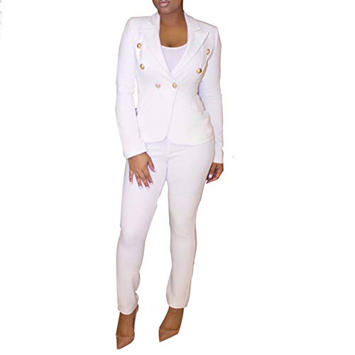 2 Piece Outfits for Women Long Sleeve Solid Color Blazer with Pants Casual Elegant Business Suit Sets (Medium, White)