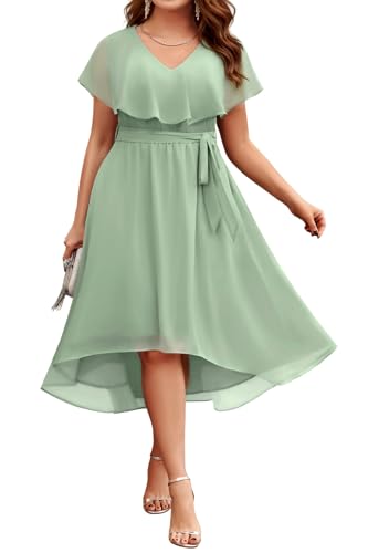 Pinup Fashion Plus Size Wedding Guest Dress Women Sage Green Bridesmaid Easter Chiffon 2026 Ruffle V Neck Elegant Long Dresses 18W
