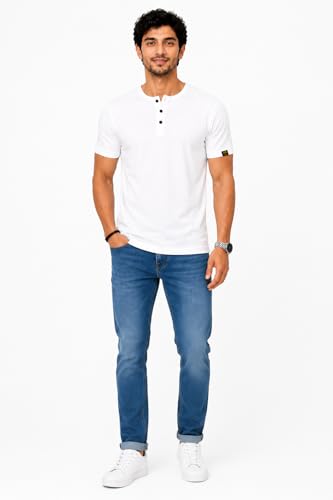 Image of LAZYCHUNKS Men's Modern Henley Neck T-Shirt | Premium Cotton Half Sleeve Casual Tee | Breathable Everyday Wear for Work, Travel, Weekend & Outdoor Activities