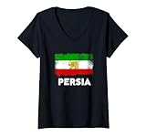 Damen Persia Flagge Alte Iran Flagge Löwe Sonne T-Shirt mit V-Ausschnitt
