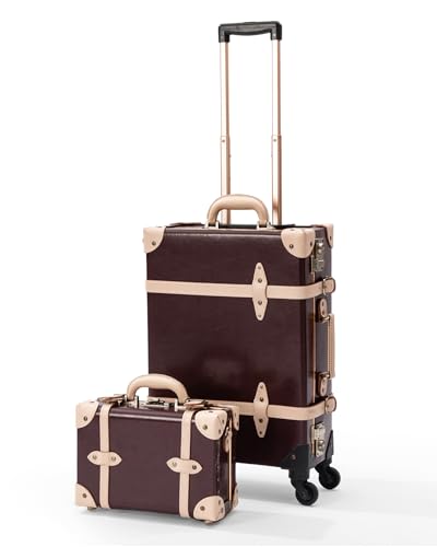 COTRUNKAGE Vintage Suitcase, Leather Carry On Luggage Set for Men and Women, Burgundy