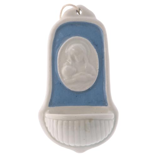Holyart Acquasantiera Ceramica Deruta Bianca iconcina di Maria Gesù Bambino 10x5x5 cm