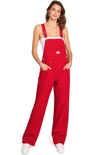Lana Roux 90s Retro Dungaree Utility Denim Twill Jumpsuit Overalls (Red Small)