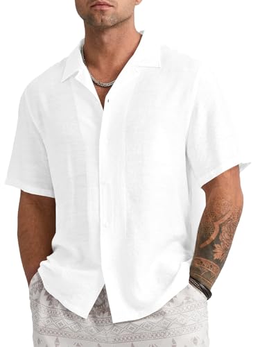Mens Linen Button Down Shirts Short Sleeve Basic Cuban Regular Fit Wedding Summer Beach Tops