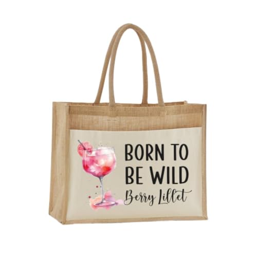 Tassenbrennerei Jutetasche - Born to be Wildberry Lillet - Shopper Strandtasche oder als Geschenk-Tasche - Geschenkidee Geschenkset für Frauen Kollegin (26 x 22 x 14 cm (klein))