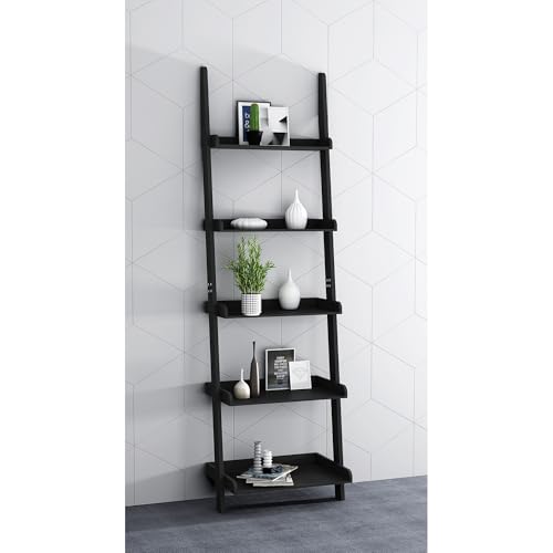 Modern-5-Tier-Leaning-Wall-Ladder-Bookshelf-Black-70-Inches-Storage-Rack-Organizer