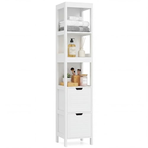 Giantex Tall Bathroom Storage Cabinet, Narrow Freestanding Floor Cabinet with 2 Drawers and 3 Open Shelves, Slim Wooden Linen Tower for Small Spaces, White