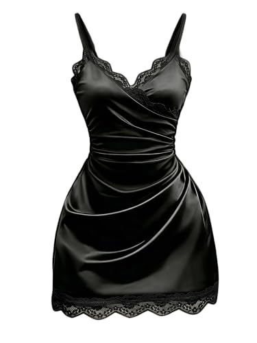Image of GORGLITTER Satin Lace Cocktail Dresses for Women Ruched Bodycon Mini Dress V Neck Spaghetti Strap Party Going Out Outfit Black Small