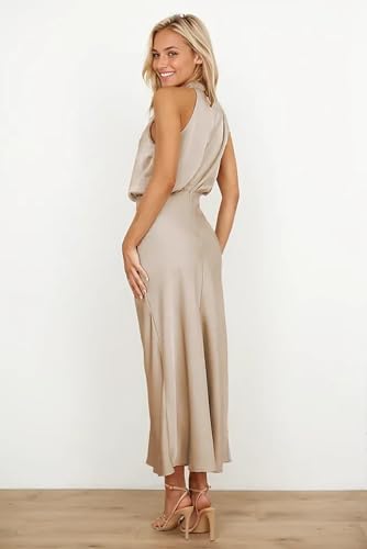 Image of Alidamo Satin Summer Formal Dress for Women Sleeveless Wedding Guest Cocktail Party Dresses Date Night Cream XL