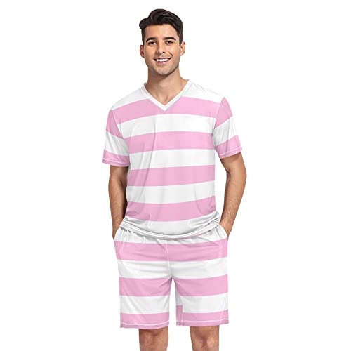 Men's Pajama Sets Blue And Red Striped Sleepwear Short Sleeve Lounge Sets for Men