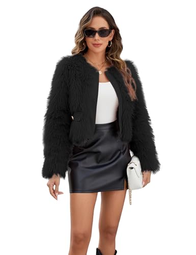 Womens Faux Fur Cropped Coats Fuzzy Winter Jacket Long Sleeve Open Front Cardigan Top Fluffy Warm Outwear