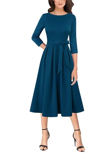 Image of VFSHOW Womens Work Business Casual Church Pockets Belted A-Line Midi Dress