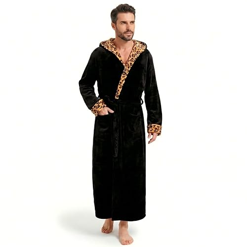 FG FEAYIGUDIM Mens Plush Plaid Hooded Robe Full Length Fleece Big and Tall Bathrobe with Hood(Leopard print&Black 3XL/4XL)