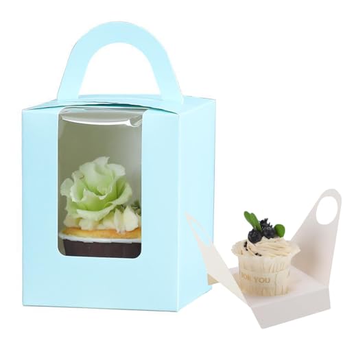 Pubiao 20 Pcs Single Cupcake Boxes 1 Holes with Clear Window Individual Cupcake Carrier with Handle Box For Weddings Birthday Parties Cookies Party Favors