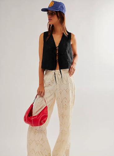 Women's Tie Front Vest Sleeveless Hollow Out Floral Embroidery Tank Crop Open Front Tie Tops4