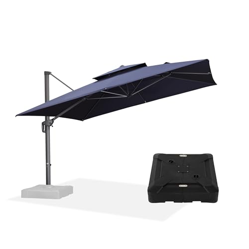 PURPLE LEAF 12ft Patio Umbrella with Base Large Outdoor Square Umbrella Deluxe Hanging Double Top Cantilever Offset Market Umbrella Windproof Garden Umbrella Navy