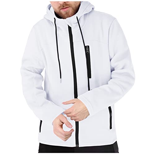 Sudadera con capucha con cremallera para hombre, color liso, de terciopelo, de manga larga, chaqueta de chándal, abrigo, ligera, cómoda, deportiva, con cordón y múltiples bolsillos, blanco, XXL