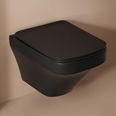 Wall Mounted Toilet Bowl SUPERFLO, Square Wall Hung Toilet Bowls with Soft Closing Seat, One Piece Toilet Black for Bathroom, Rear Outlet Hanging Modern Toilet (Not included Tank & Bracket)