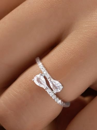 1pc White Gold Water Drop Zircon Rings For Women Dating Daily Wear Copper Ring Fine Jewelry Anniversary Birthday Gift