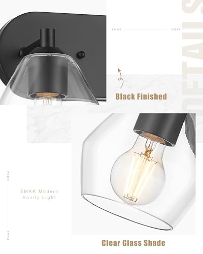 Image of Emak Black Bathroom Light Fixtures Over Mirror, 2-Light Vanity Light with Clear Glass Shade, Modern Farmhouse Vanity Lights for Bathroom, VL129-BK-CG-2