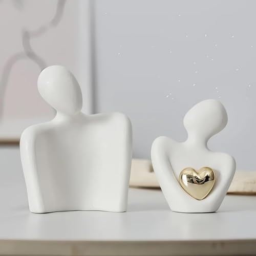 Image of TIED RIBBONS Romantic Couple Hug Statue with Golden Heart Sculpture (White, 8.5 cm x 6.5 cm) - Love Showpiece for Home Decor | Ideal Gift for Girlfriend, Boyfriend, Wife & Husband