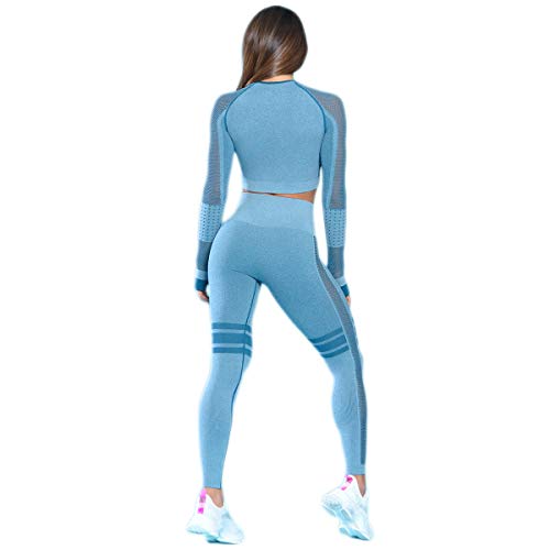 MANON ROSA Workout Sets Women 2 Piece Yoga Legging Top Clothes Light Blue