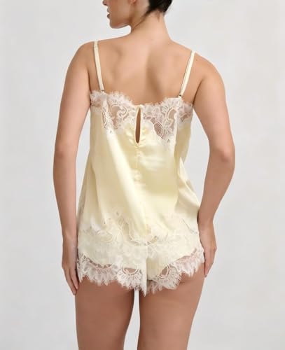 Image of ROAONOCOMO Women Lace Trim Pj Shorts Set Square Neck Coquette Tank Top Silk Satin Pajama Set Babydoll 2 Piece Shorts Outfit