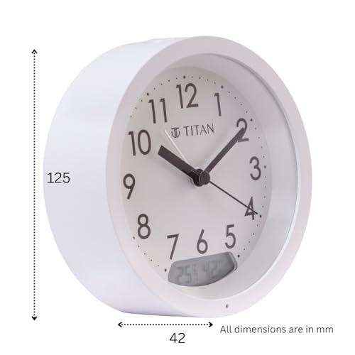 Image of Titan Analog Alarm Table Clock with Temperature & Humidity Display, Silent Sweep, White Dial & Case, Model T0007PC01 | 12.5 cm x 12.5 cm x 4.2 cm