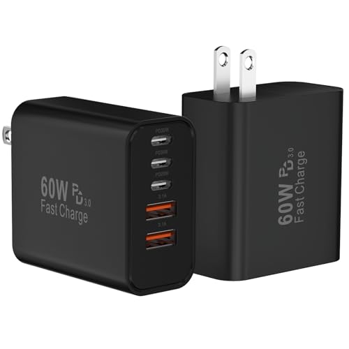 Image of USB C Fast Wall Charger Block, 2Pack 60W USBC Charging Cubes, 5-Port PD+QC Power Adapter Multiport Brick Type C Box Plug for Phone 17 /16 /15 /14 /13 /12 /11 /Pro Max /Plus, Pad Mini /Pro /S25 /S24-Black
