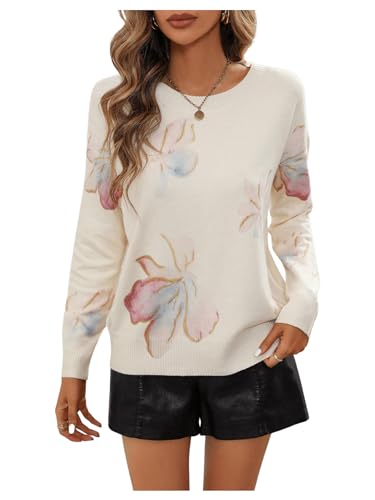 Image of BEAUDRM Women's Floral Pattern Sweaters Long Sleeve Round Neck Knitted Pullover Tops Beige Large
