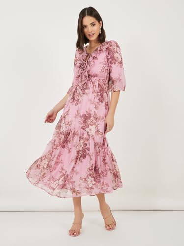 Image of Styli Women Printed Ruffle Neck Puff | Sleeves A-Line Maxi Dress | Stylish One Piece Dress for Party, Casual & Evening Outfits