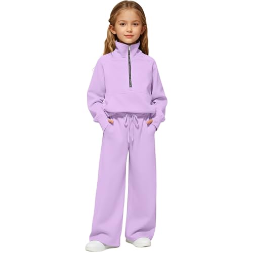 TYUSGH Conjunto de chándal para niñas y niños, sudadera con media cremallera y pantalones deportivos, conjunto completo de 2 piezas, sudaderas con capucha y joggers, ropa deportiva y activa, Morado