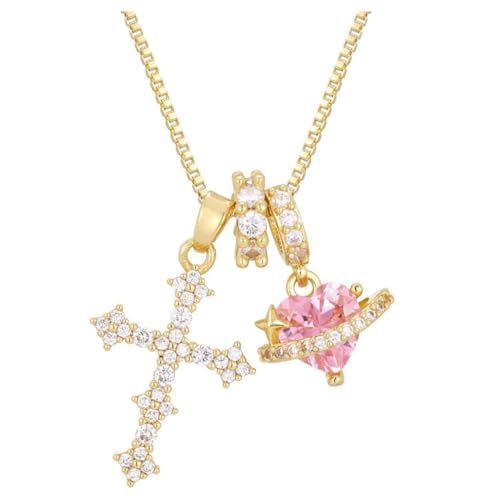 3-in-1 Pink Heart Zircon Cross Pendant Necklace Fashion Party Jewelry Accessories Gift for Women (15 golden)