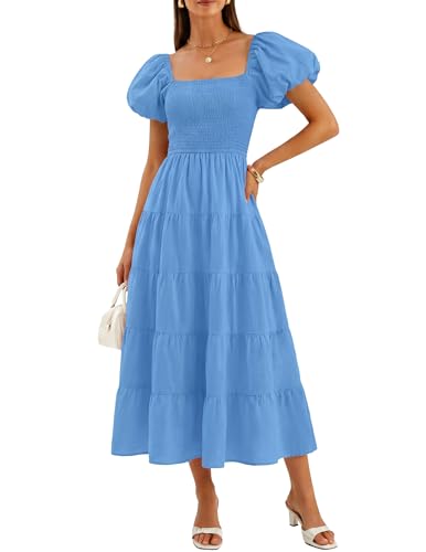 Image of ZESICA Women's 2026 Summer Puff Sleeve Midi Dress 2026 Boho Solid High Waist Flowy Beach Wedding Guest Long Dresses