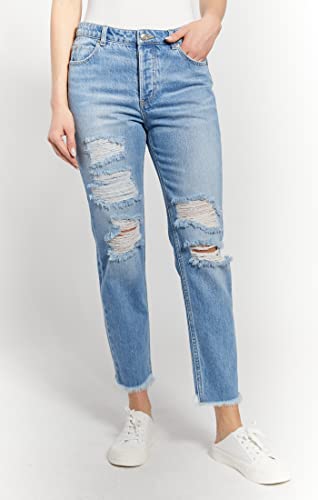 O A T NEW YORK Women's High Rise Straight Relaxed Denim Jeans, with Knee Destruction and Five Functional Pockets2